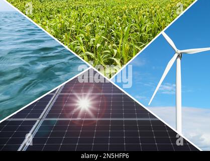 Collage avec photos d'eau, de champ, de panneaux solaires et d'éolienne. Source d'énergie alternative Banque D'Images