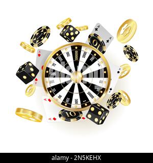 Les cartes à jouer et les jetons de poker font voler le casino. Concept sur fond blanc. Illustration du vecteur du casino de poker. Illustration de Vecteur