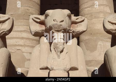 Statues de sphinx à tête de RAM au temple de Karnak à Louxor, en Égypte Banque D'Images