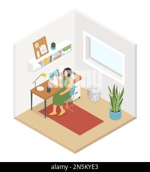 Travail à domicile - illustration isométrique moderne et colorée Illustration de Vecteur