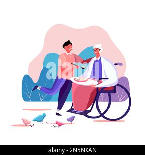 Aimer le petit-enfant à nourrir ses vieux mobilité granny dans le fauteuil roulant holding et subvenir à ses besoins. Family support concept illustration. Heureux fils prendre soin Banque D'Images