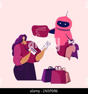 Jeune femme magasiner en ligne avec l'aide de Digital virtuel Chatbot Cyber robot. Vente, consumérisme concept Girl utilisant smartphone Chat bot et future Mark Banque D'Images