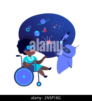 Réalité virtuelle.Disabled Disabled Girl in Wheelchair Study, porter un casque VR.Get Education.future Technology.apprentissage en ligne. Aide de Smart Cyber robot Banque D'Images