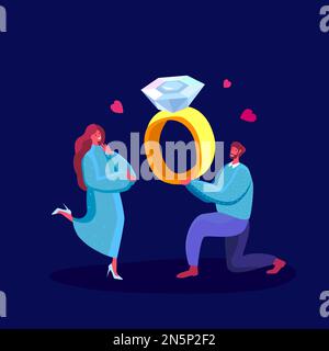 Engagement amoureux, proposition betrothal. Jeune homme se tenir sur le genou avec anneau de mariage faisant l'offre à la femme lui demandant de se marier. Les cœurs autour. Surprise. Ma Banque D'Images