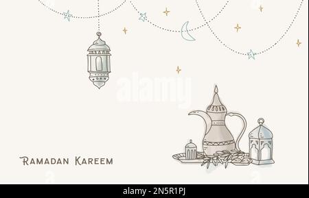 Carte de vœux, invitation. Vacances musulmanes Ramadan Kareem. Dîner à l'iftar. Dath fruit, café arabe dallah. Lanterne marocaine. Guirlande suspendue de Illustration de Vecteur
