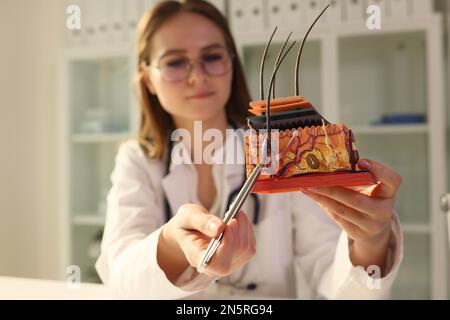 La jeune dermatologue féminine tient le stylo et le modèle anatomique de la peau humaine avec les cheveux. Banque D'Images