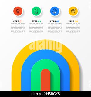 Modèle d'infographie avec icônes et 4 options ou étapes. Cercle. Peut être utilisé pour la mise en page de flux de travail, le diagramme, la bannière, la conception Web. Illustration vectorielle Illustration de Vecteur