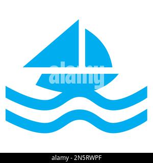 Graphique vectoriel bleu et blanc d'un symbole de carte pour les activités nautiques basées sur la voile. Il se compose d'une silhouette bleue d'un yacht assis sur les vagues Illustration de Vecteur