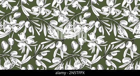 Motif sans couture avec branches d'olive et fruits pour la cuisine italienne, huile extra vierge, emballage de produits cosmétiques. Illustration de Vecteur
