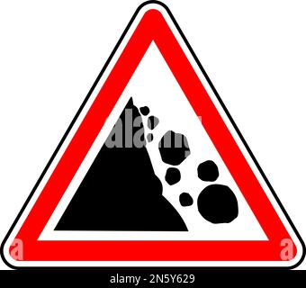 Illustration vectorielle d'un danger britannique de chute de pierres devant le panneau de signalisation routière. Il se compose d'un symbole de flanc de colline et de rochers tombant contenu dans un triangle rouge Illustration de Vecteur