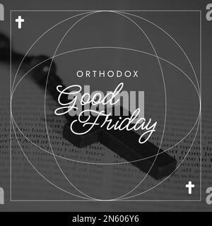 Composition du texte orthodoxe du Vendredi Saint sur la bible et la croix. Image générée numériquement par le concept orthodoxe du Vendredi Saint et de la célébration. Banque D'Images