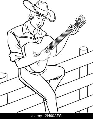 Cowboy jouant Guitar Isolated coloriage page Illustration de Vecteur