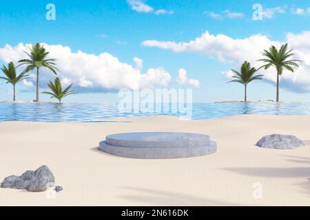 En 3D, un podium vide a été représenté sur la plage avec des palmiers Banque D'Images