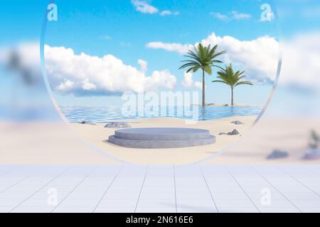 En 3D, un podium vide a été représenté sur la plage avec des palmiers Banque D'Images