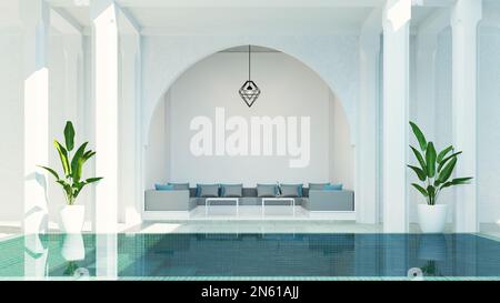 Moderne salon riad de luxe jardin et piscine dans cour, style marocain - rendu 3D Banque D'Images