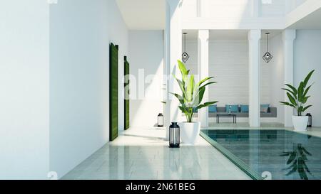 Moderne salon riad de luxe jardin et piscine dans cour, style marocain - rendu 3D Banque D'Images