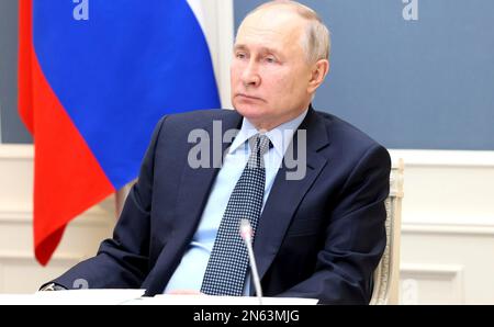 Moscou, Russie. 09th févr. 2023. Le président russe Vladimir Poutine préside une réunion du Conseil de surveillance de l'organisme autonome à but non lucratif Agence pour les initiatives stratégiques visant à promouvoir de nouveaux projets au Kremlin, à 9 février 2023, à Moscou, en Russie. Credit: Mikhail Metzel/Kremlin Pool/Alamy Live News Banque D'Images