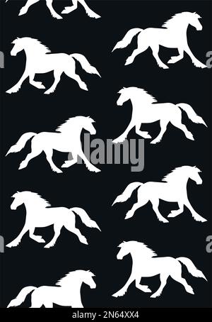 Motif vectoriel sans couture de la silhouette de cheval frisonne dessinée à la main isolée sur fond noir Illustration de Vecteur