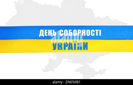 Décoration d'affiche de la Journée de l'unité de l'Ukraine. Le contour du pays est composé de points et de texte écrit en ukrainien sur fond blanc, illustration Banque D'Images