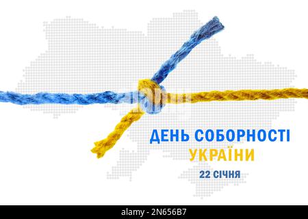 Décoration d'affiche de la Journée de l'unité de l'Ukraine. Cordes de couleur attachées ensemble et texte écrit en ukrainien sur fond blanc Banque D'Images