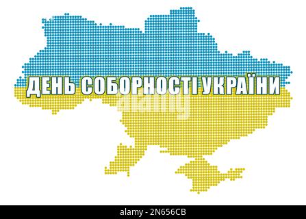 Décoration d'affiche de la Journée de l'unité de l'Ukraine. Le contour du pays est composé de points et de texte écrit en ukrainien sur fond blanc, illustration Banque D'Images