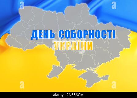 Décoration d'affiche de la Journée de l'unité de l'Ukraine. Carte, drapeau national et texte écrit en ukrainien Banque D'Images