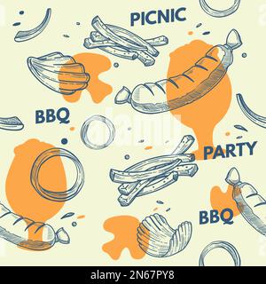 Viandes et légumes grillés, pique-nique avec plats savoureux et légumes. Frites et saucisses, frites et rondelles d'oignon. Motif et papier peint fluides Illustration de Vecteur