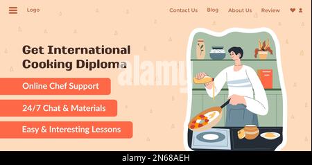 Diplôme de cuisine internationale après avoir terminé les cours en ligne, le soutien du chef et le chat, les matériaux et les cours faciles pour les étudiants. Page d'accueil du site Web Illustration de Vecteur