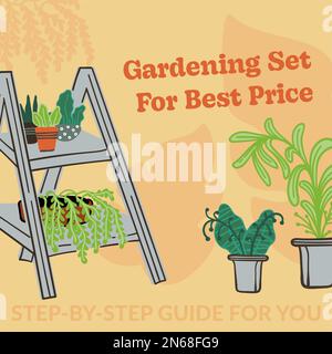 Fleuriste boutique et magasin équipement et jardinage ensemble pour le meilleur prix, la vente de produits pour les jardiniers. Passe-temps et soin pour les plantes et les fleurs. Promotionnel Illustration de Vecteur