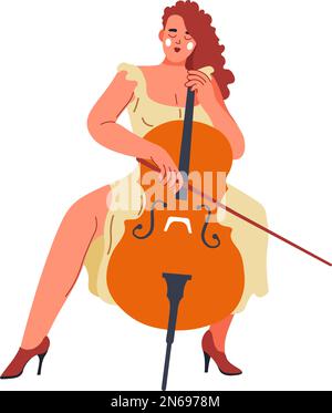 Musicien avec instrument, femme isolée jouant sur violoncelle. Lady pratiquant sur violoncelle pour un concert, un festival ou un spectacle. Interprète musical prac Illustration de Vecteur