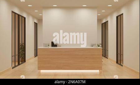 Décoration intérieure de luxe et contemporaine dans le hall de style blanc et bois avec comptoir de réception, parquet et couloir élégant. spa de beauté ou Banque D'Images