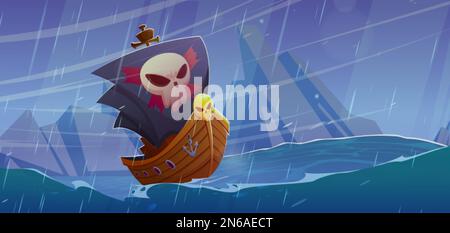 Illustration d'arrière-plan de vecteur de dessin animé avec navire à voile noir dans la mer de tempête. Bateau pirate dans la tempête. Vue sur l'océan et la montagne avec vagues et pluie. Sombre Illustration de Vecteur