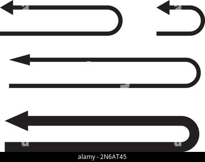 Jeu de flèches de virage en U noires. Ensemble de flèches courtes, longues, fines et épaisses. Illustration de Vecteur