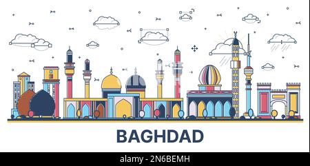 Aperçu de la ville d'Irak de Bagdad Skyline avec des bâtiments historiques colorés isolés sur blanc. Illustration vectorielle. Paysage urbain de Bagdad avec des monuments. Illustration de Vecteur