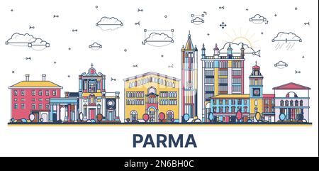 Aperçu Parme Italie Skyline avec des bâtiments historiques colorés isolés sur blanc. Illustration vectorielle. Paysage urbain de Parme avec monuments. Illustration de Vecteur