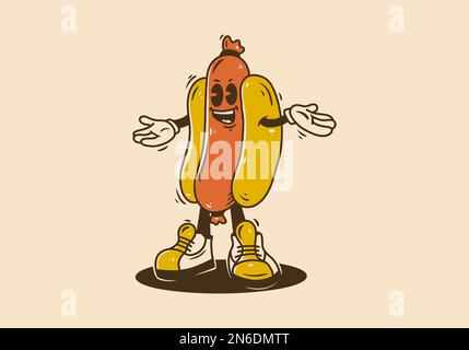 Drôle de mascotte dessin de caractère de hot dog debout dans les couleurs jaune et rouge Illustration de Vecteur