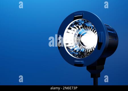 Gros plan studio flash en bleu dans le studio photo. Studio Light pour la photographie, 3D illustrations Banque D'Images