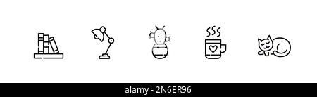 Jeu d'icônes d'attributs de travail ou d'étude à partir de la maison. Étagère, lampe de bureau, cactus, café chaud dans une tasse, chat endormi. Illustration de Vecteur