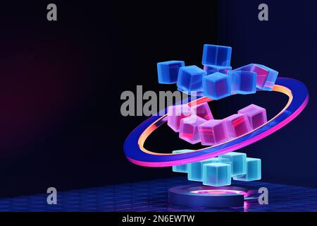 3D illustration cubes volumétriques colorés sur fond noir. Motif parallélogramme. Arrière-plan de la géométrie technologique Banque D'Images