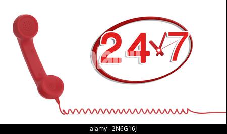 service d'assistance téléphonique 24h/24/7, 7j Combiné rouge sur fond blanc, bannière Banque D'Images