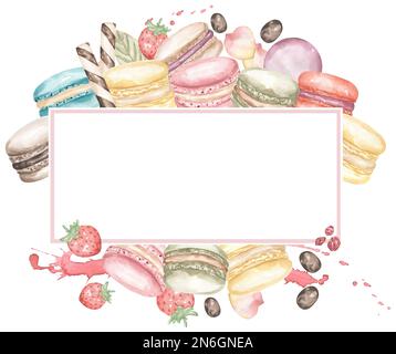 Macarons cadre clipart, chocolat beige, pistache verte, bleu fraise saveur cookie clip art, aquarelle alimentaire illustration, boulangerie art imprimé, foo Banque D'Images