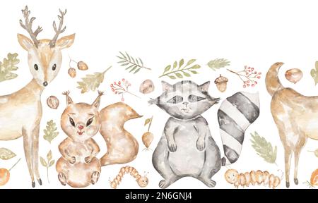 Bordure sans couture pour animaux forestiers peints à la main aquarelle. Les animaux des bois répètent le motif. Design pour invitation de douche de bébé, carte, textile. Animaux mignons Banque D'Images