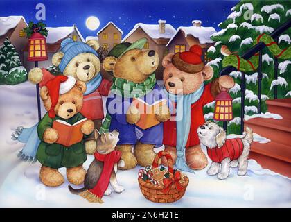 Groupe de teddy - chant des chants de Noël dans la neige le soir- Banque D'Images