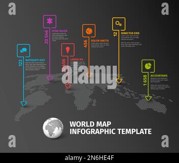 Modèle d'infographie sur la carte Dark World avec repères et icônes carrés à lignes fines, description et libellés d'année. Mise en page simple du modèle d'infographique de la carte du monde Illustration de Vecteur