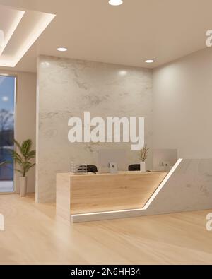 Elégance de luxe lobby ou réception design intérieur avec comptoir de réception moderne avec ordinateur, mur en marbre blanc, plafond de luxe avec lumières, ha Banque D'Images