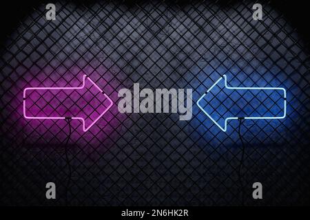 3D illustration des flèches rose et bleu fluo sur un mur en maille. Panneau lumineux réaliste. Icône de flèches lumineuses. Bannière néon colorée. Banque D'Images