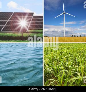 Collage avec photos d'eau, de champ, de panneaux solaires et d'éolienne. Source d'énergie alternative Banque D'Images