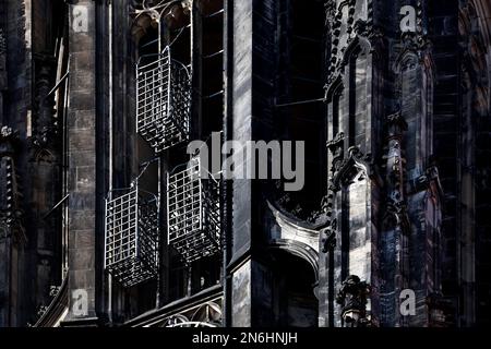 Les paniers originaux sur la tour de l'église Sankt Lamberti, détail sur la façade, Muenster, Muensterland, Rhénanie-du-Nord-Westphalie, Allemagne Banque D'Images