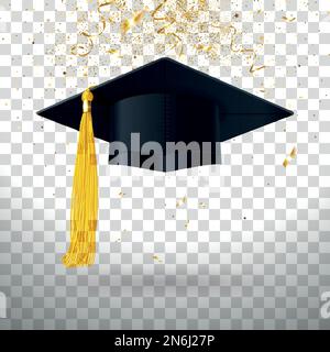 casquette de graduation avec pampille jaune et confettis dorés sur fond transparent Illustration de Vecteur