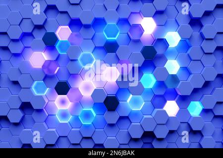 Arrière-plan hexagonal abstrait avec effet de profondeur de champ, illustration 3D. Un grand nombre d'hexagones multicolores. Nid d'abeille, 3D panneaux. Banque D'Images